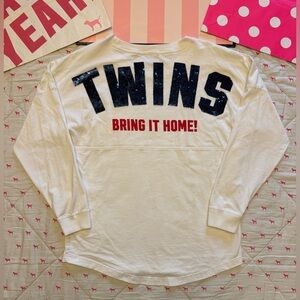 VS PINK VINTAGE VARSITY CREW SWEATSHIRT MINNESOTA TWINS BRING IT HOME BLING RARE